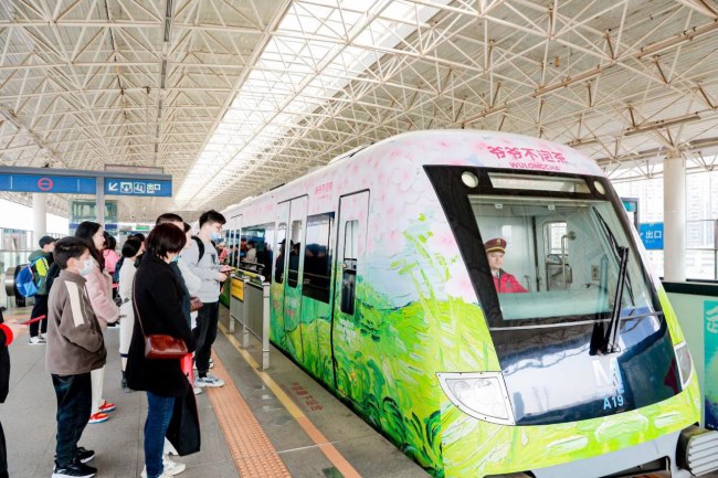 武漢地鐵廣告價格收費，武漢地鐵列車廣告內(nèi)外包車廣告櫻花案例圖